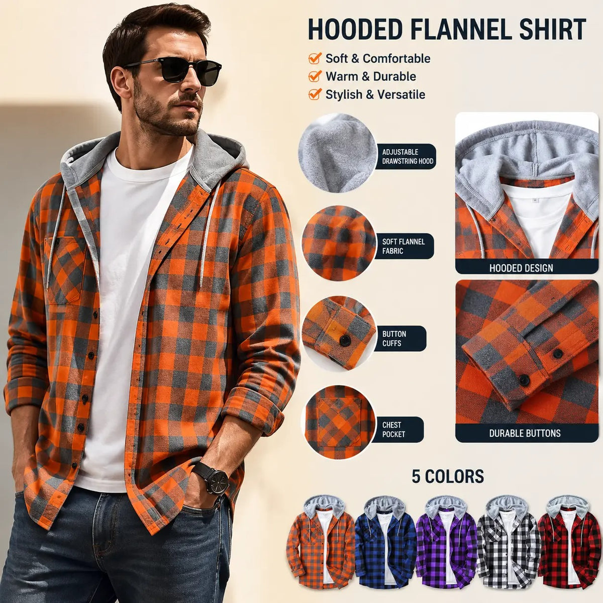 Men's Plaid Hooded Shirt Jacket, Long Sleeve Front Buckle Ankle Drawstring Casual Coat with Pockets