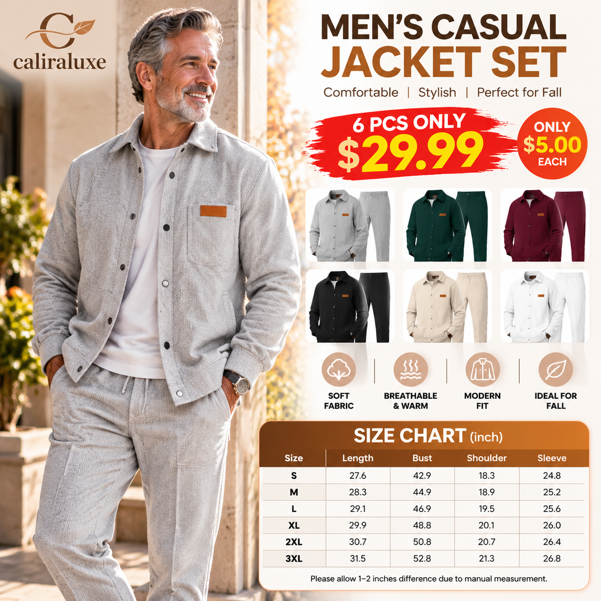 Casual two-piece set for men: jacket and pants in textured knit