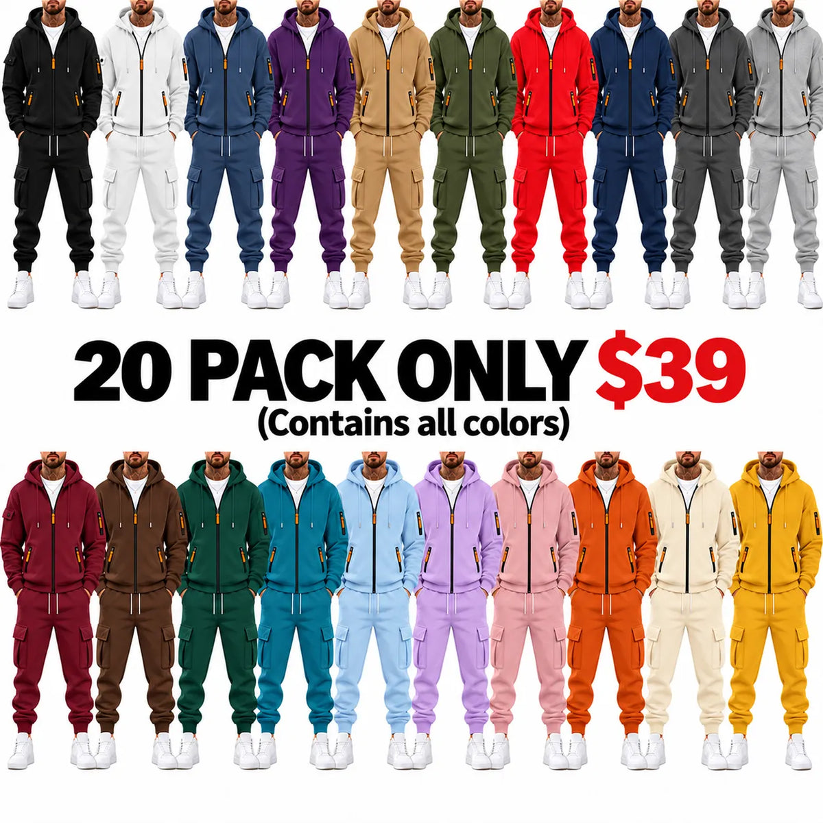 Men’s Cargo Tracksuit Set Full‐Zip Hooded Jacket + Pants (Polyester)