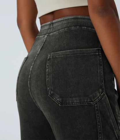Mid Rise Multi Pockets Straight Leg Stretch Casual Cargo Jeans