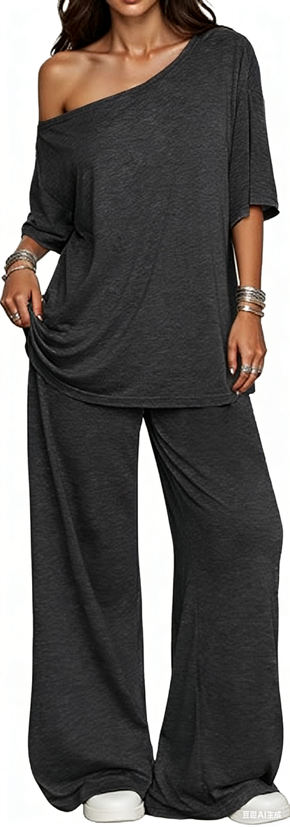 Women's 2-Piece Set-Shoulder T-Shirt And Wide Leg Pants Two Pieces Outfits