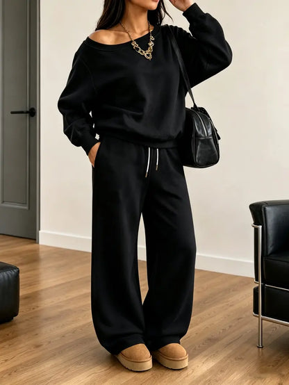 Women's 100% Cotton Two-Piece Set with Asymmetrical Sweatshirt & Wide-Leg Pants