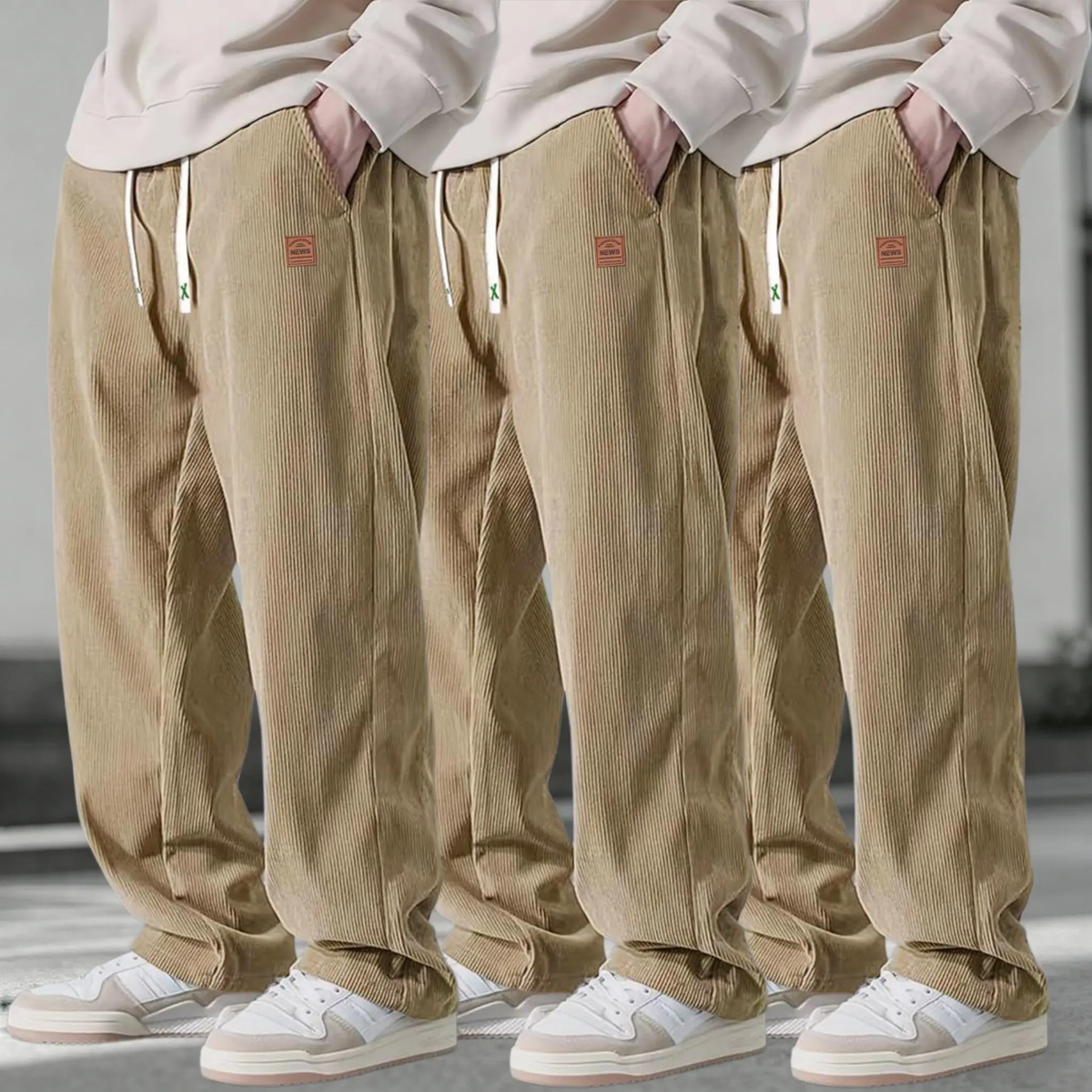 Men's 3-Pack Corduroy Pants – Loose Straight-Leg Drawstring Casual Trousers