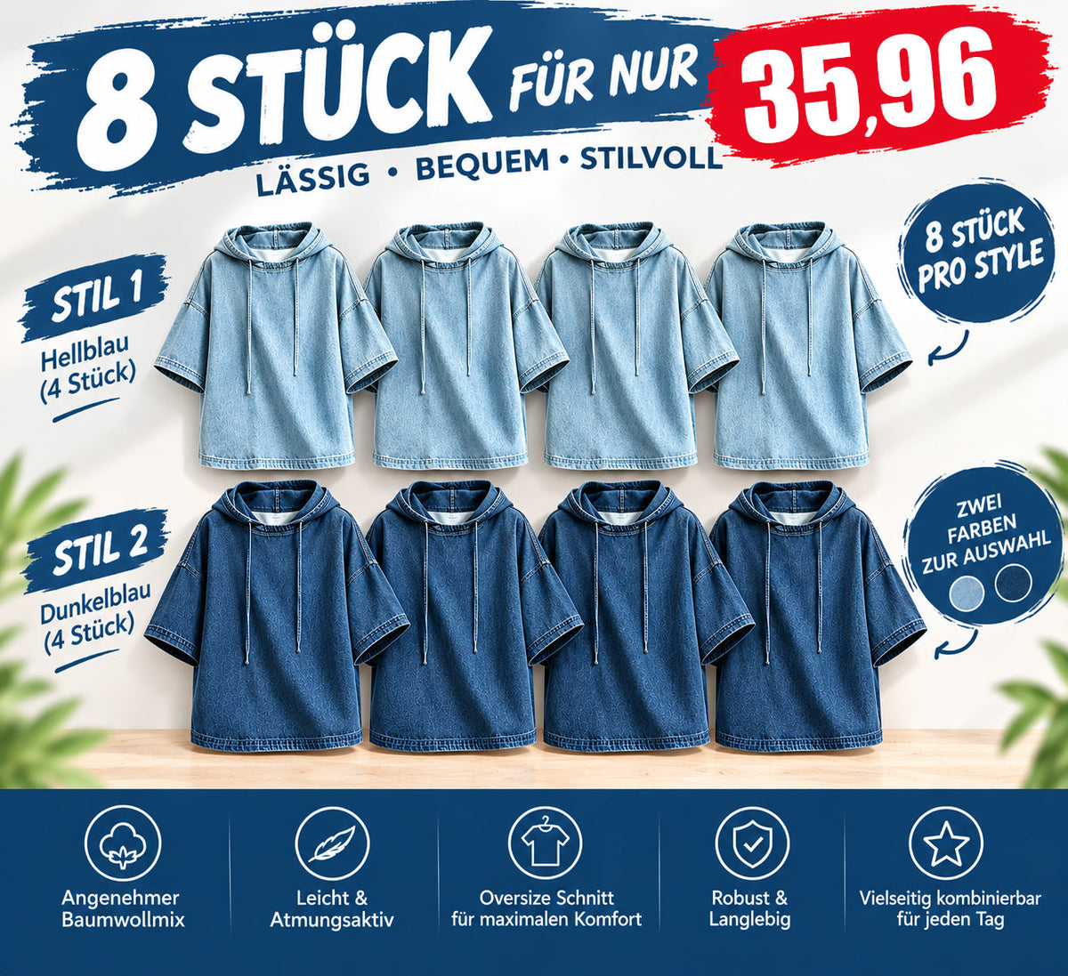 Lässiger, weit geschnittener Jeans-Kapuzenpullover für Damen