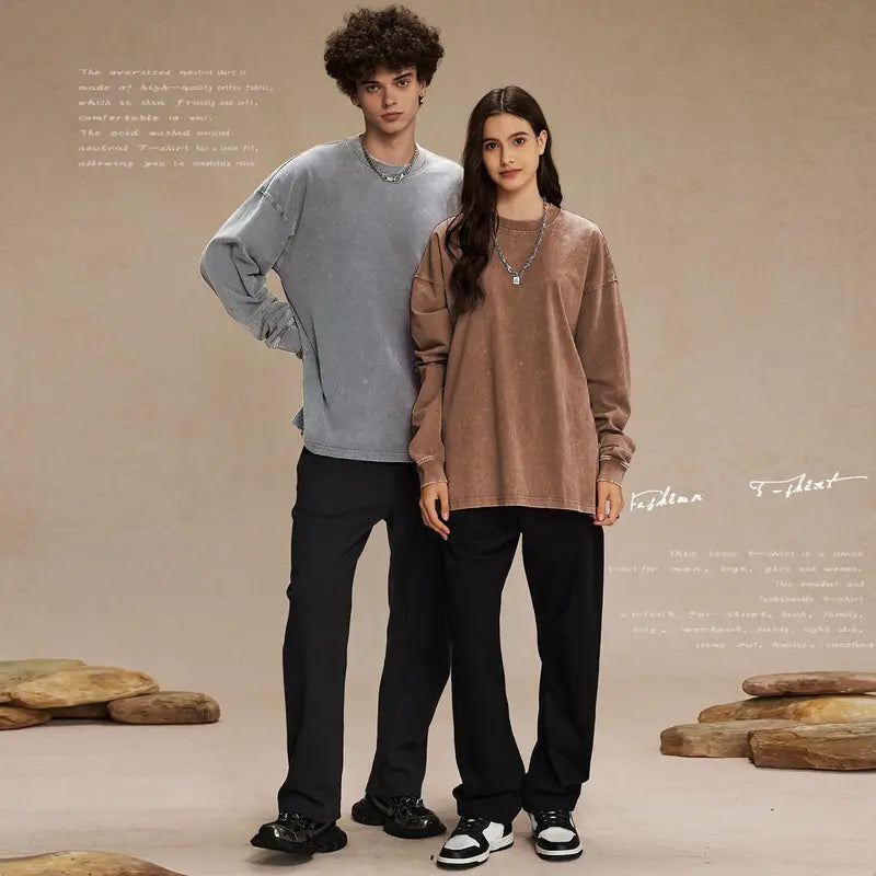 Unisex Long Sleeve Acid Wash Cotton Tee