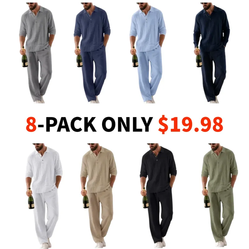 Men's Natural Linen Casual Set, Polo Neck Shirt & Loose Long Pants