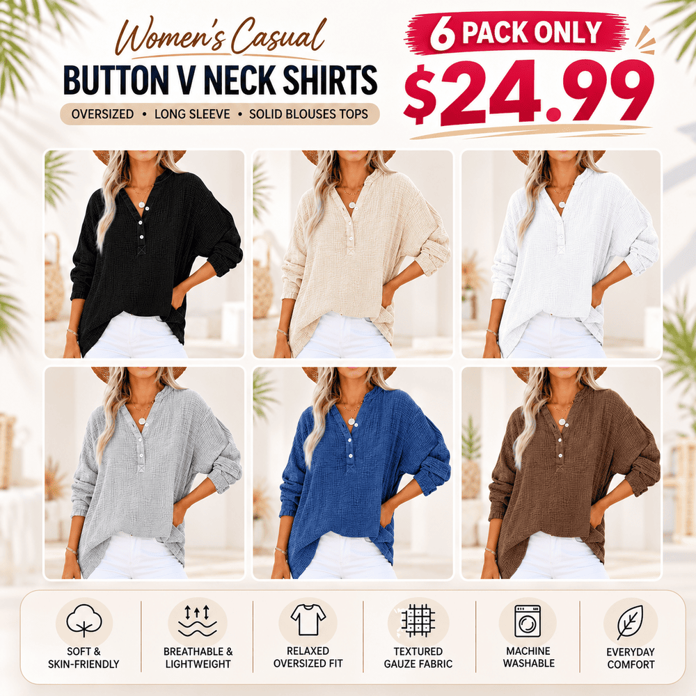 Womens Casual Button V Neck Long Sleeve Shirts Oversized Solid Blouses Tops