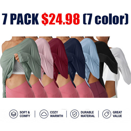 Women's Long-Sleeve Off-Shoulder Athletic Top with Curved Hem and Built-in Bra