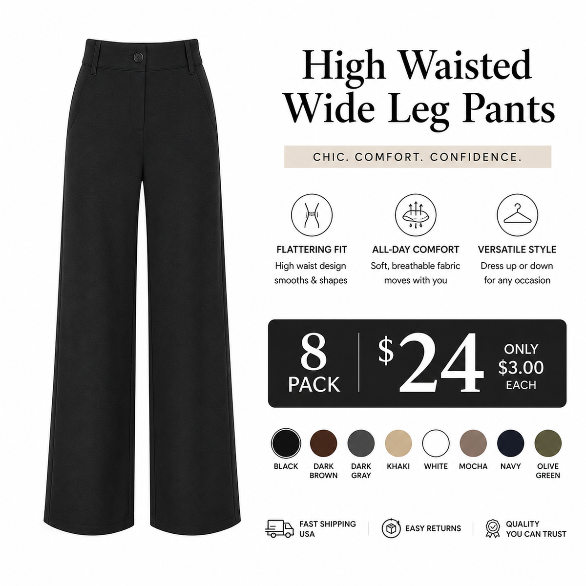 Women's High Waist Business Casual Pants - Loose Fit Work Trousers with Pockets