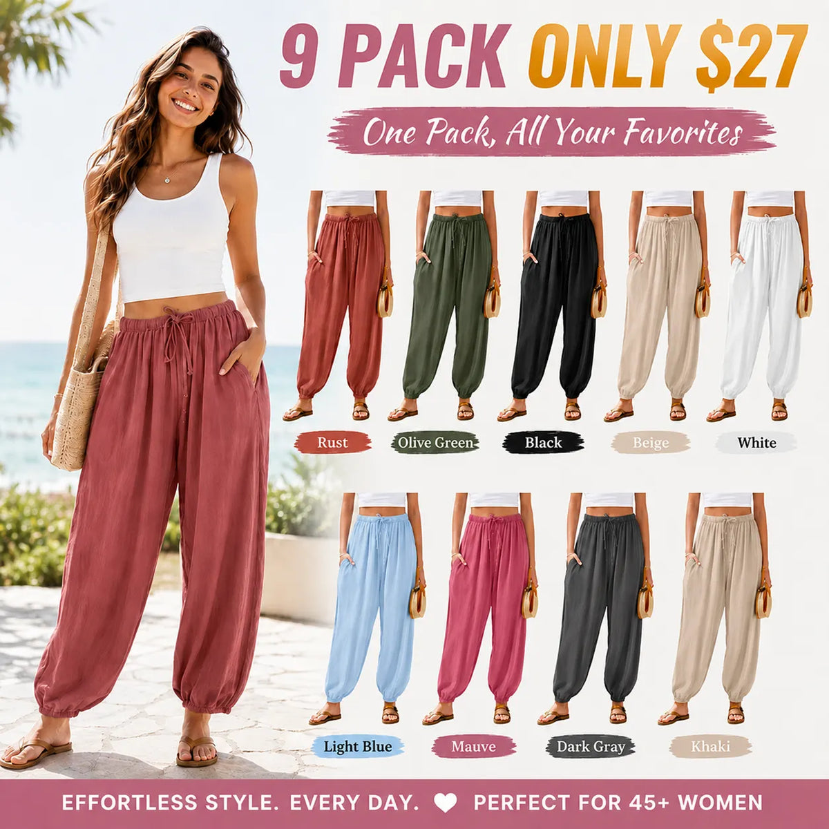 Women's Linen Wide Leg Pants Casual Loose Drawstring Low Waist with Pockets