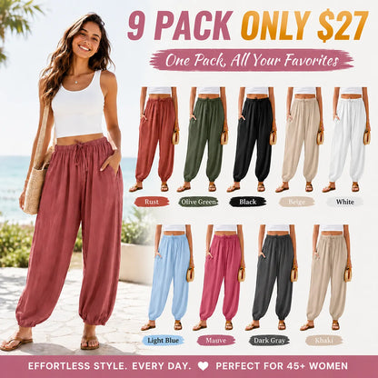 Women's Linen Wide Leg Pants Casual Loose Drawstring Low Waist with Pockets