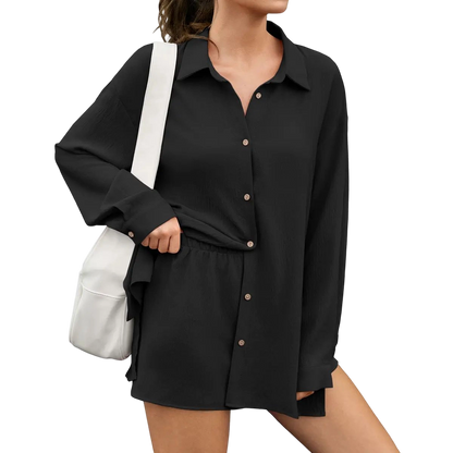 Womens Gauze Shirt & Shorts Set 2-in-1 Button Connected Oversized Long Sleeve Button-Down Top with Attachable Safety Shorts
