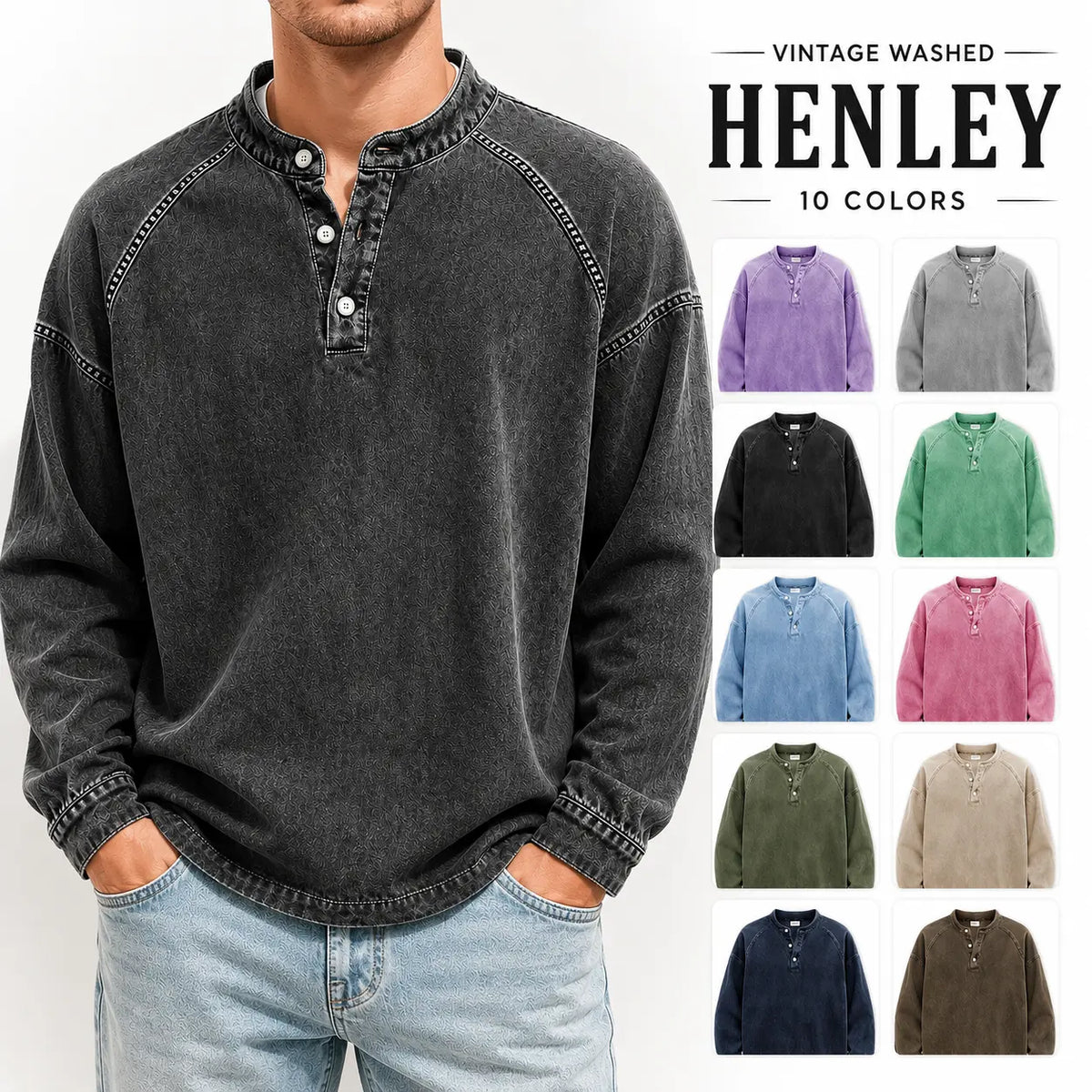 Men's Vintage Washed Henley Pullover – 3-Button Long Sleeve Relaxed Fit Casual Shirt