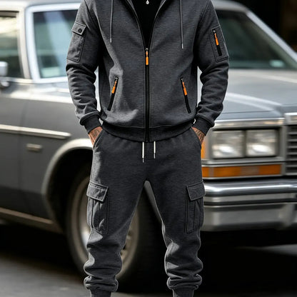 Men’s Cargo Tracksuit Set Full‐Zip Hooded Jacket + Pants (Polyester)