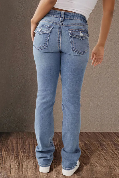 Double Button Mid Waist Straight Leg Jeans