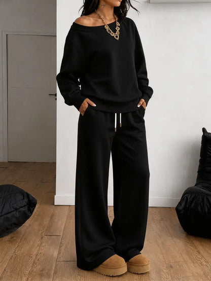 Women's 100% Cotton Two-Piece Set with Asymmetrical Sweatshirt & Wide-Leg Pants
