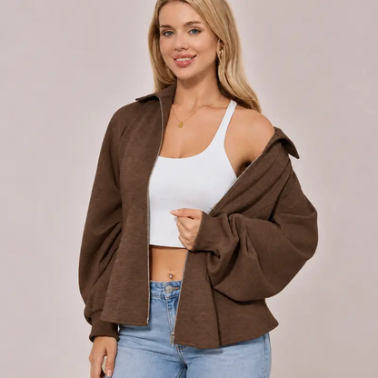 Women's Zip-Front Jacket with Ruched Sleeves and Ruffled Hem