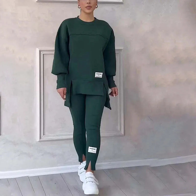 Women's Casual Solid Color Round Neck Long Sleeve Slit Hem Sweatshirt Leggings Set