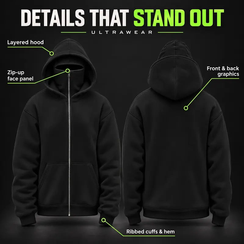 Teams Built-in Balaclava Zip Up Hoodie Football Sports Fan Full Zip Fleece Jacket Warm Winter Face Mask Sweatshirt Streetwear