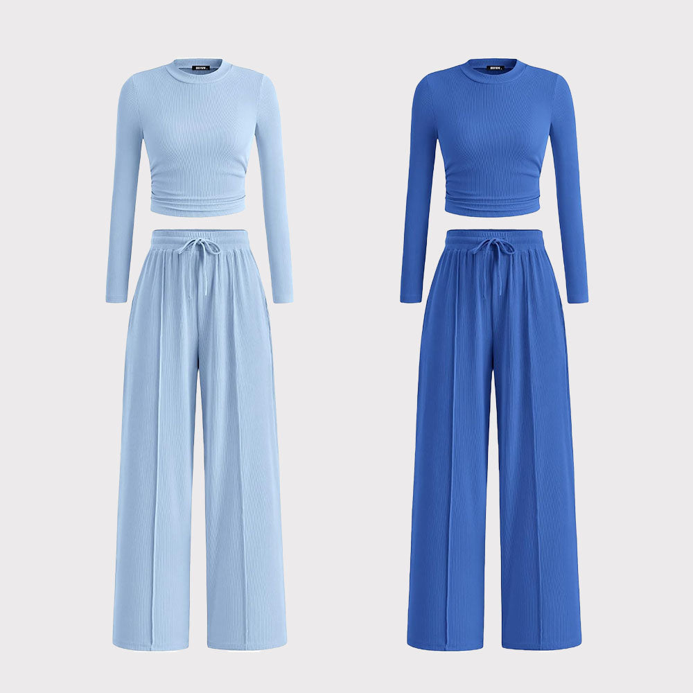 2-Piece Ribbed Knit Long Sleeve Crop Top Wide Leg Pants Matching Lounge Set Loungewear