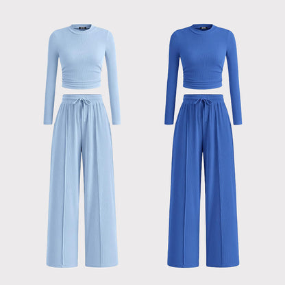 2-Piece Ribbed Knit Long Sleeve Crop Top Wide Leg Pants Matching Lounge Set Loungewear