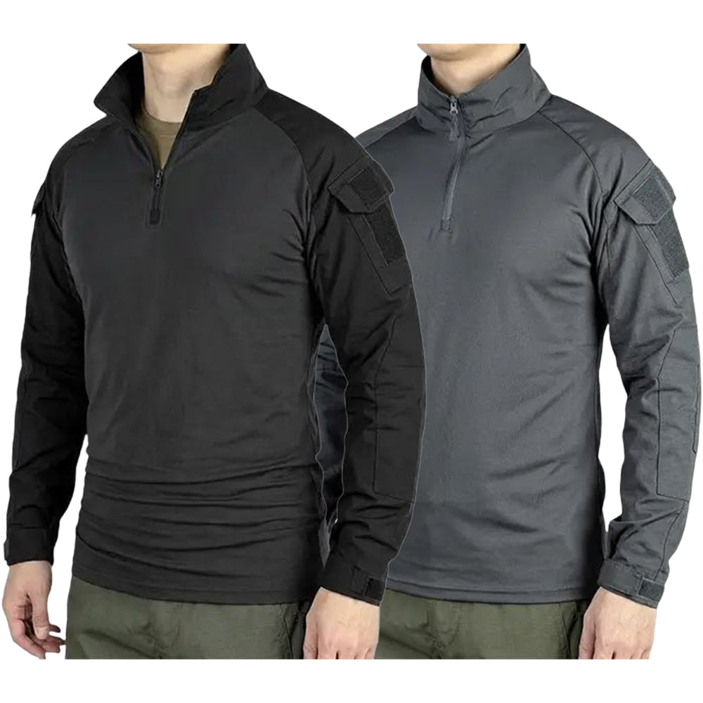 Men's long-sleeve top with a half zipper and stand collar, available in six colors; camouflage color-block design, stretchy and breathable for outdoor wear.