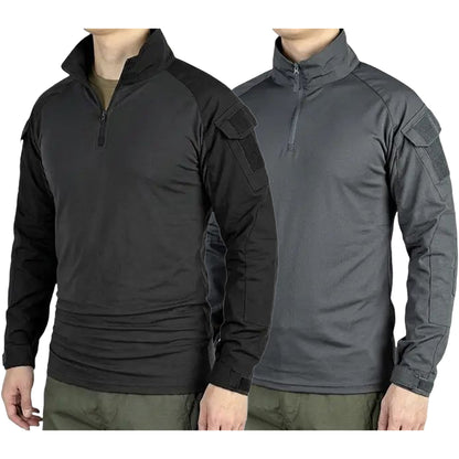 Men's long-sleeve top with a half zipper and stand collar, available in six colors; camouflage color-block design, stretchy and breathable for outdoor wear.