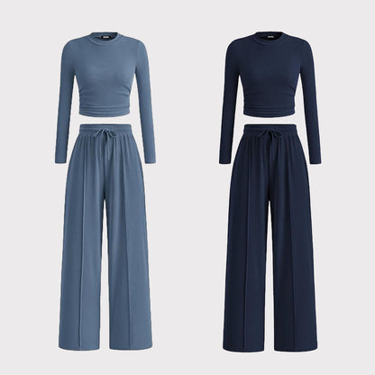 2-Piece Ribbed Knit Long Sleeve Crop Top Wide Leg Pants Matching Lounge Set Loungewear