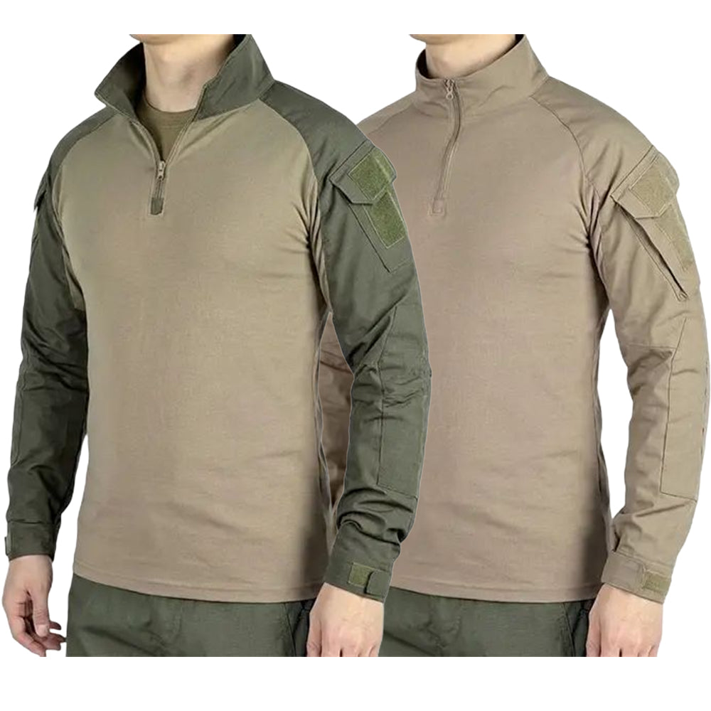Men's long-sleeve top with a half zipper and stand collar, available in six colors; camouflage color-block design, stretchy and breathable for outdoor wear.