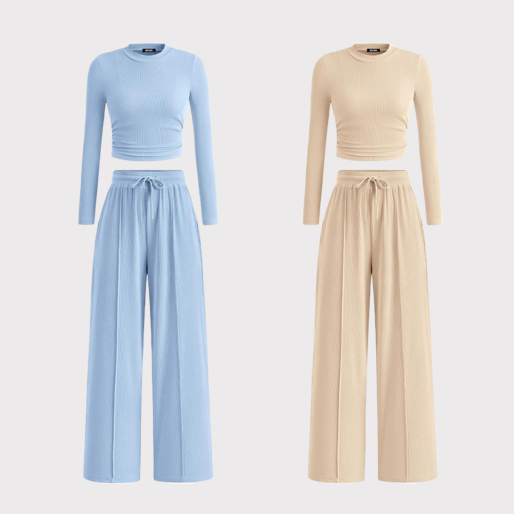 2-Piece Ribbed Knit Long Sleeve Crop Top Wide Leg Pants Matching Lounge Set Loungewear