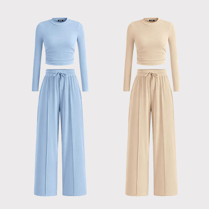 2-Piece Ribbed Knit Long Sleeve Crop Top Wide Leg Pants Matching Lounge Set Loungewear