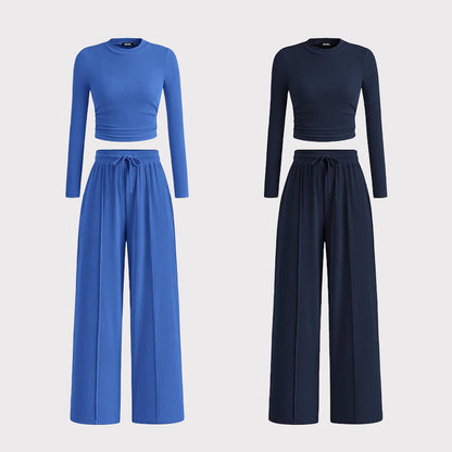 2-Piece Ribbed Knit Long Sleeve Crop Top Wide Leg Pants Matching Lounge Set Loungewear