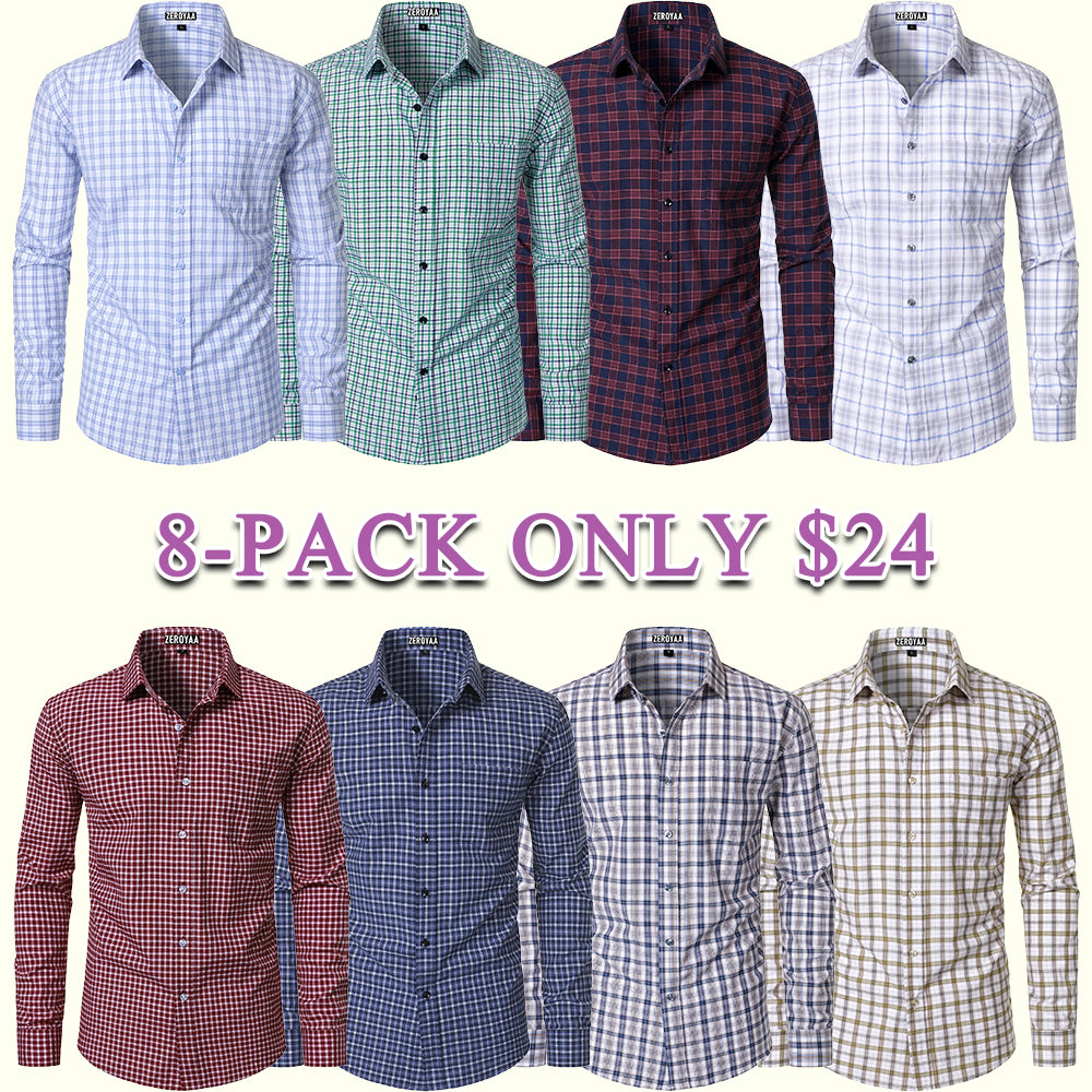 Men's Plaid Gingham Slim Fit Dress Shirt Long Sleeve Classic Button Down Lightweight Casual Formal