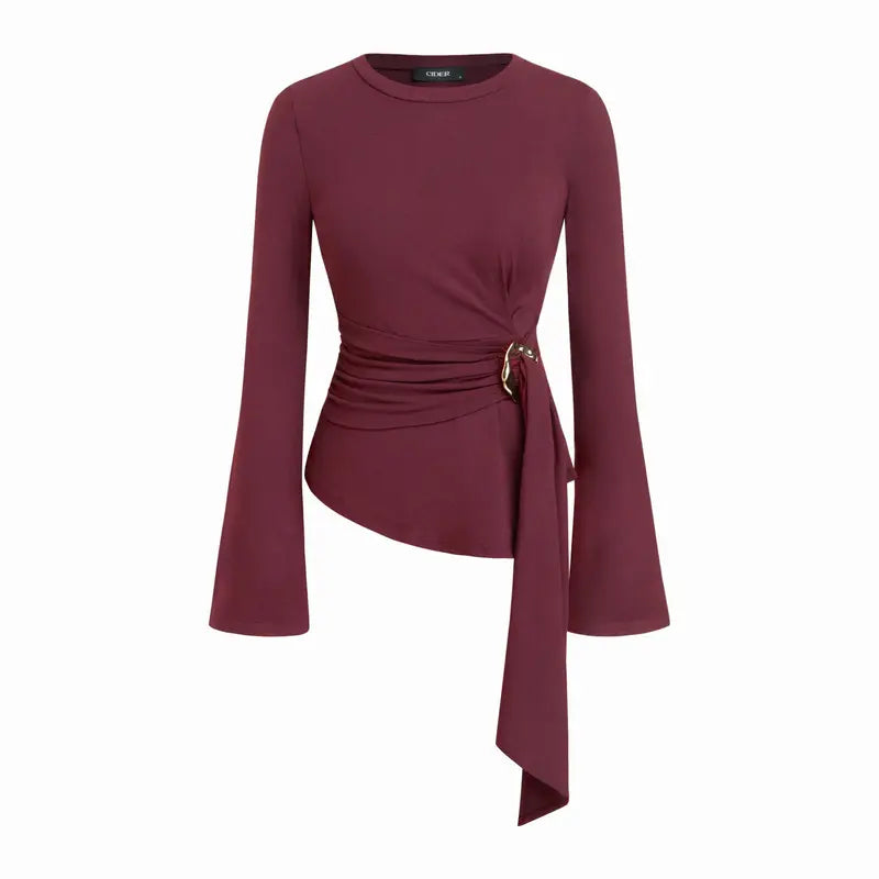 Round Neckline Ruched Metal Detail Long Sleeve Tee