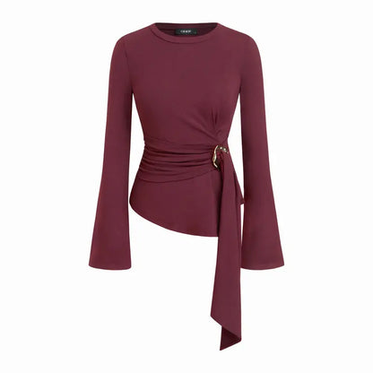 Round Neckline Ruched Metal Detail Long Sleeve Tee