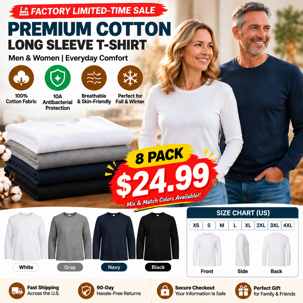 🏭 FACTORY LIMITED-TIME SALE ⚡ FINAL SALE – 8 PACK ONLY $24.99! Soft Cotton Long Sleeve Shirts for Men & Women, Perfect Everyday Base Layer