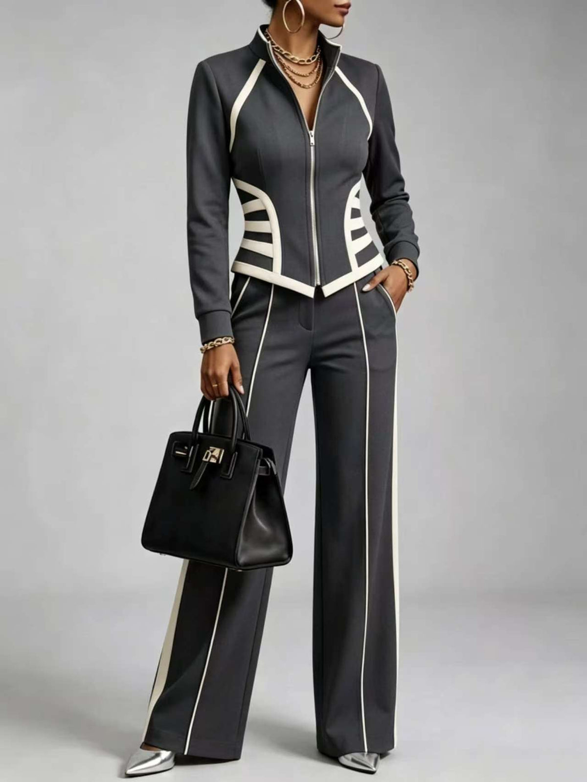 🤲LAST DAY SAVE 49% ⏰Cozy And Casual Two-piece Set Featuring A Slim-fit, Stretchy Zip-up Sweatshirt And Pants With Black Webbing Trim.— FREE Handbag