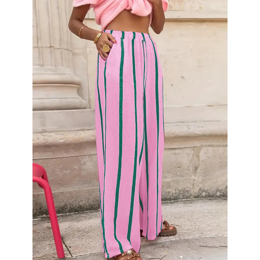 Women's Linen Striped Print Wide Leg Pants