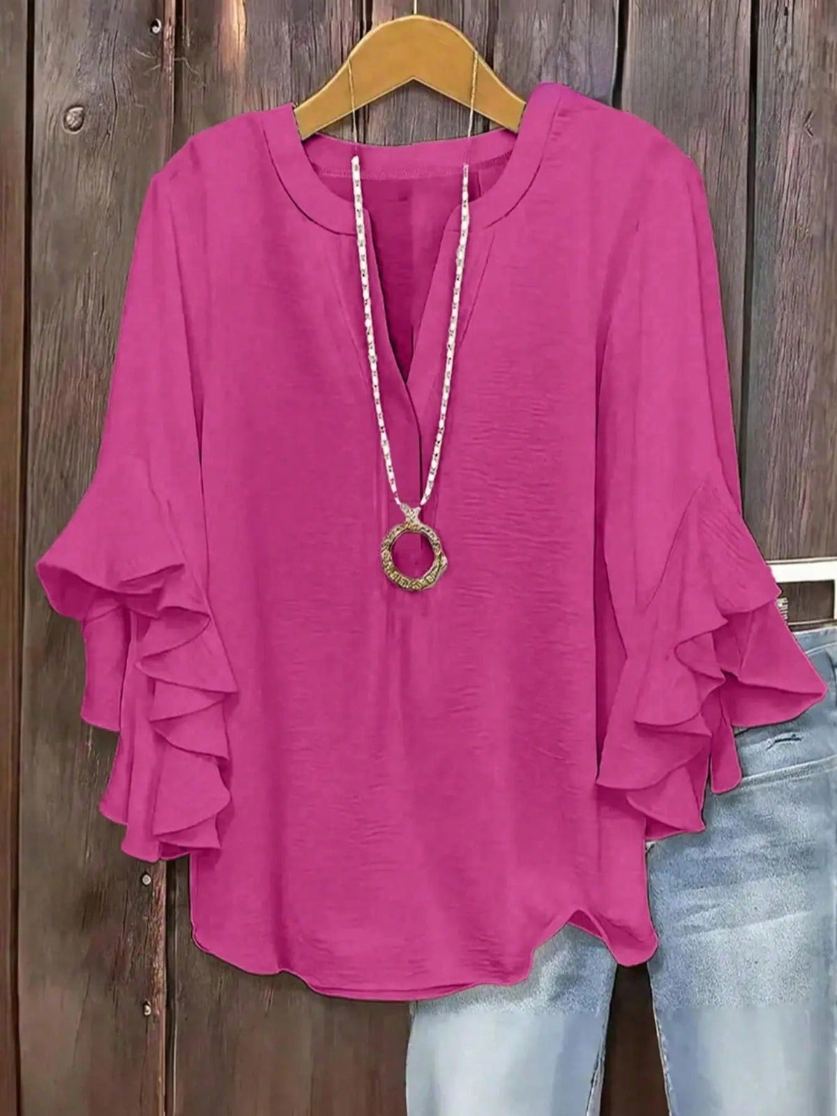 Plus Size Women's Ruffled Sleeve V-Neck Shirt Blouse Tops, Elegant Floral Design