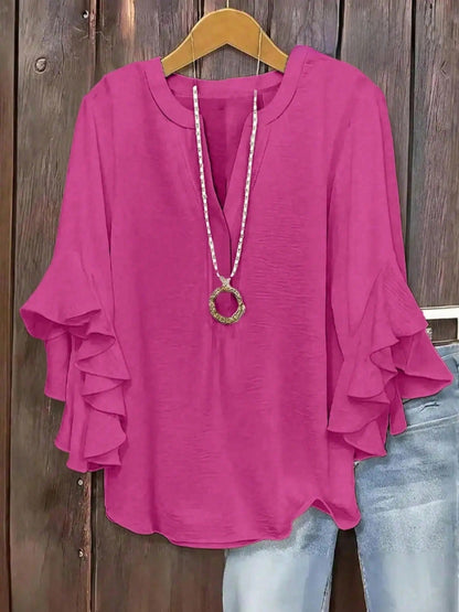 Plus Size Women's Ruffled Sleeve V-Neck Shirt Blouse Tops, Elegant Floral Design