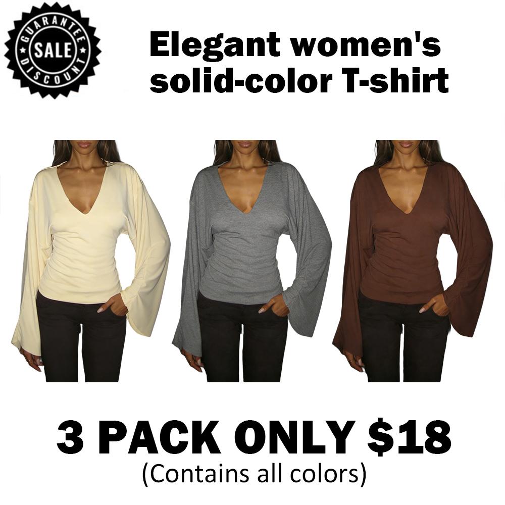 Elegant women's solid-color long-sleeved T-shirt, featuring a sexy deep V-neck and a slim-fit design