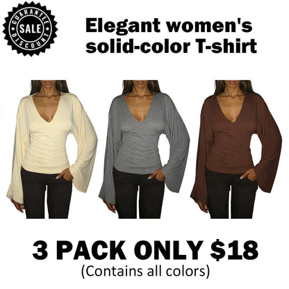 Elegant women's solid-color long-sleeved T-shirt, featuring a sexy deep V-neck and a slim-fit design