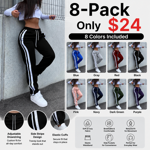Women's Side Striped Casual Athletic Pants - High Waisted Drawstring Jogger Sweatpants