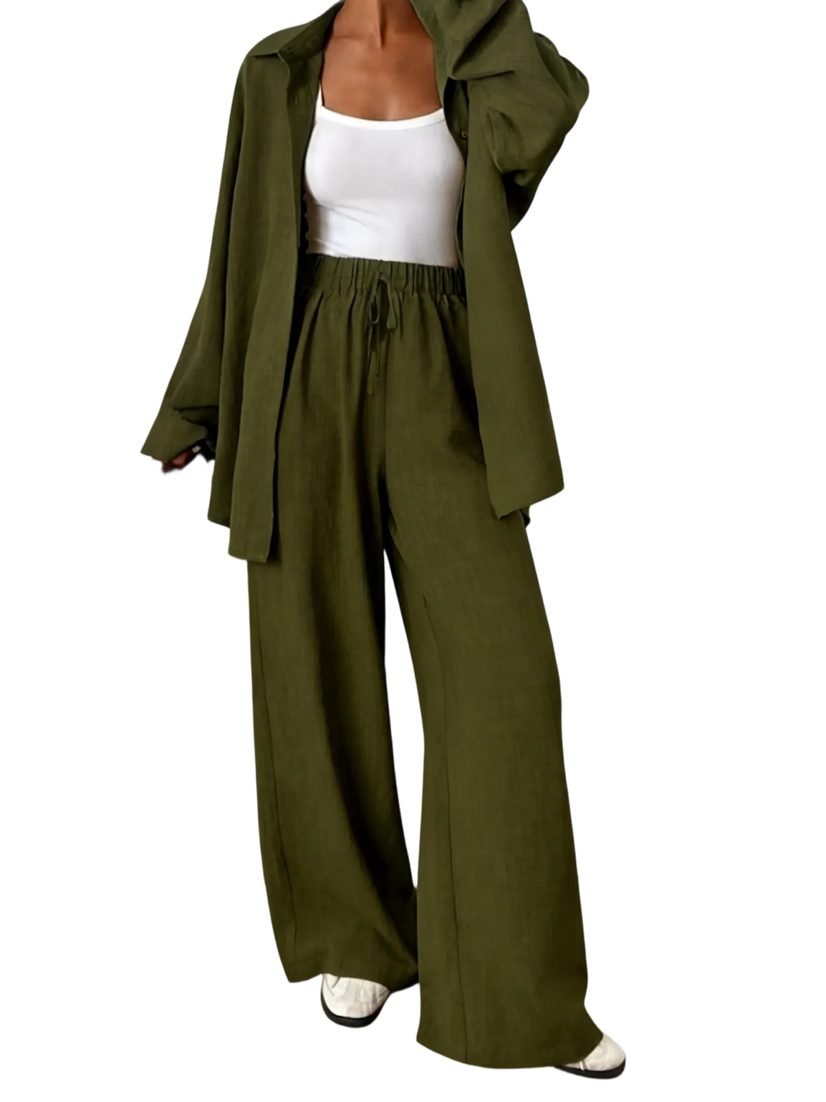 Women's casual athletic-style shirt and pants set—a two-piece ensemble featuring a loose-fitting button-down shirt and wide-leg pants, both comfortable and stylish