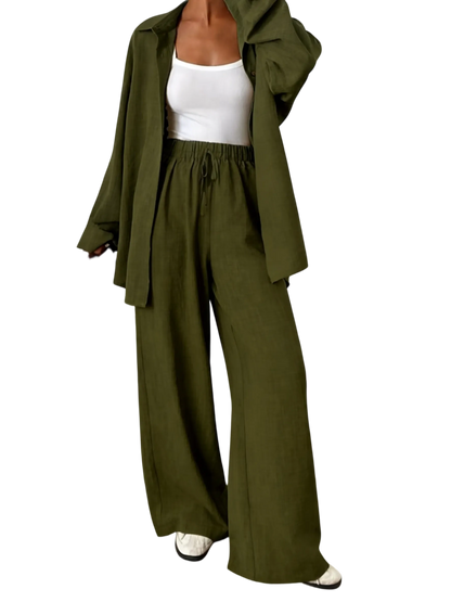 Women's casual athletic-style shirt and pants set—a two-piece ensemble featuring a loose-fitting button-down shirt and wide-leg pants, both comfortable and stylish