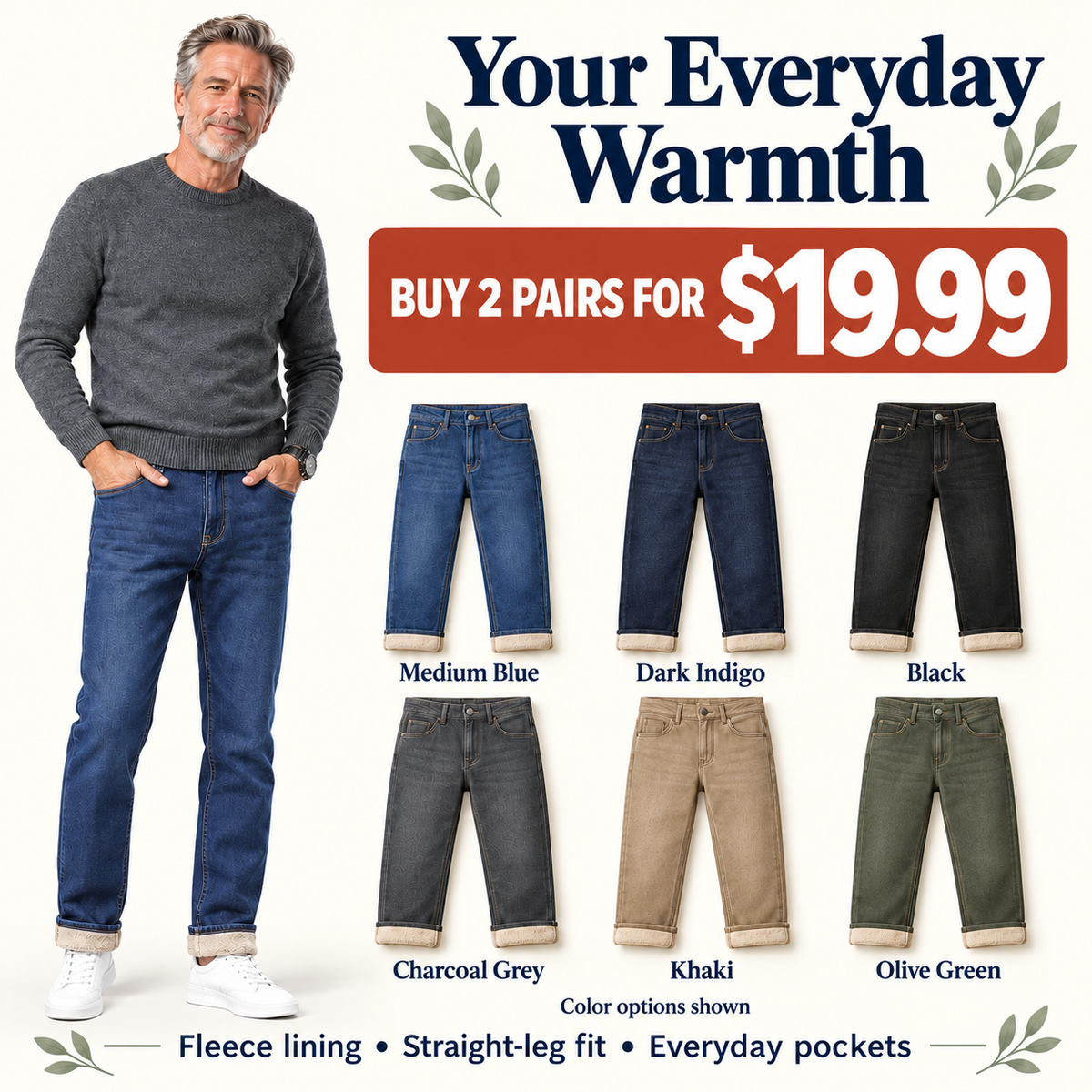 👖 Men's Fleece-Lined Straight-Leg Jeans 🔥 2 Pairs for $19.99 | 4 Pairs for $22.99 | BEST VALUE: 6 Pairs for $24.99