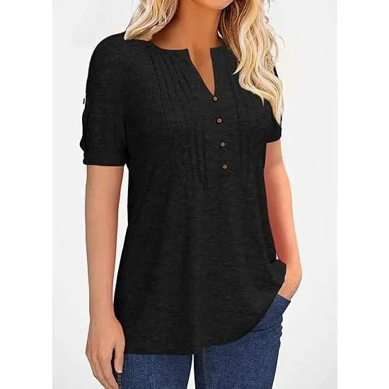 Women's Short Sleeve V-Neck Pleated Button Top