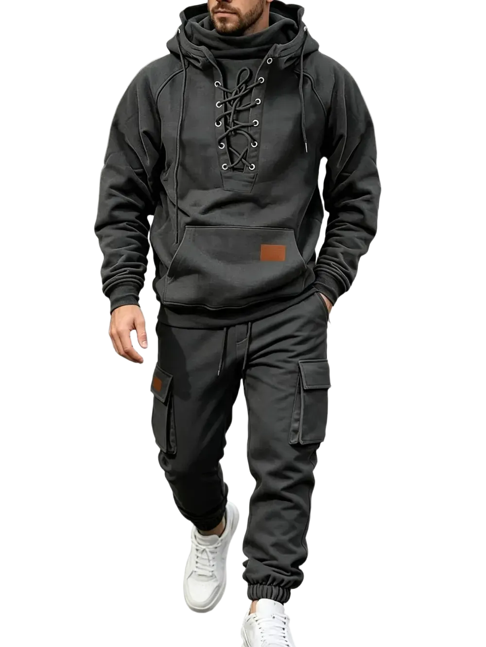 Men's Chest Tie‐Up Hoodie And Multi‐Pocket Ankle‐Cuffed Joggers