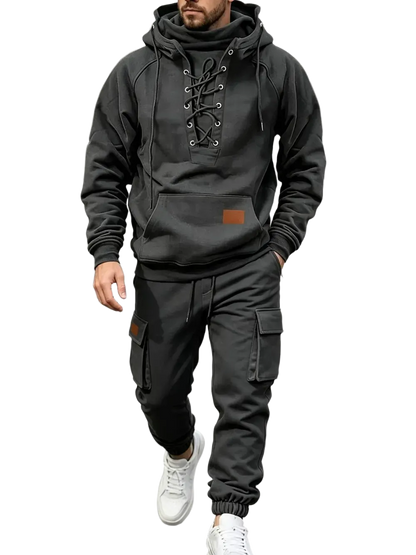 Men's Chest Tie‐Up Hoodie And Multi‐Pocket Ankle‐Cuffed Joggers