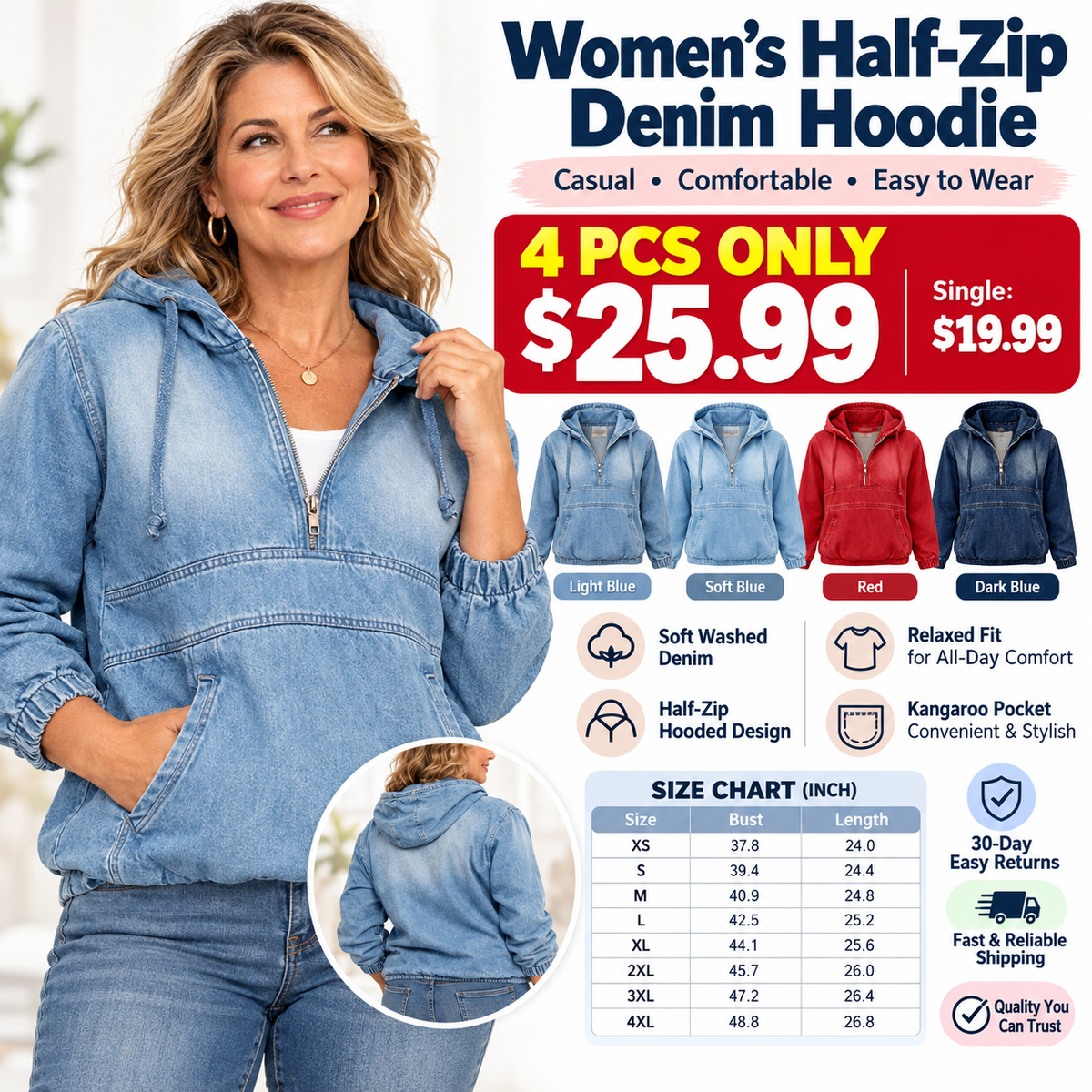 🔥 FACTORY CLEARANCE SALE ⚡Women's Washed Denim Half-Zip Hoodie | Soft, Comfortable, Easy-to-Wear Casual Outerwear
